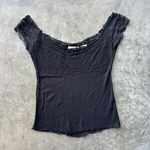 Level Nine Off Shoulder Top Women's Size Small Black Floral Lace Cropped Blouse